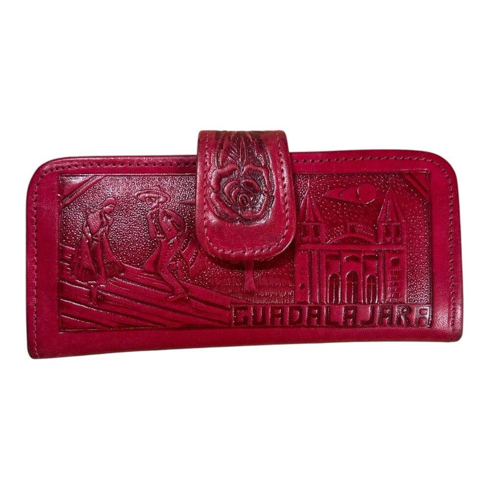 Vintage Guadalajara Mexico Hand Tooled Red Leather Wallet Bifold